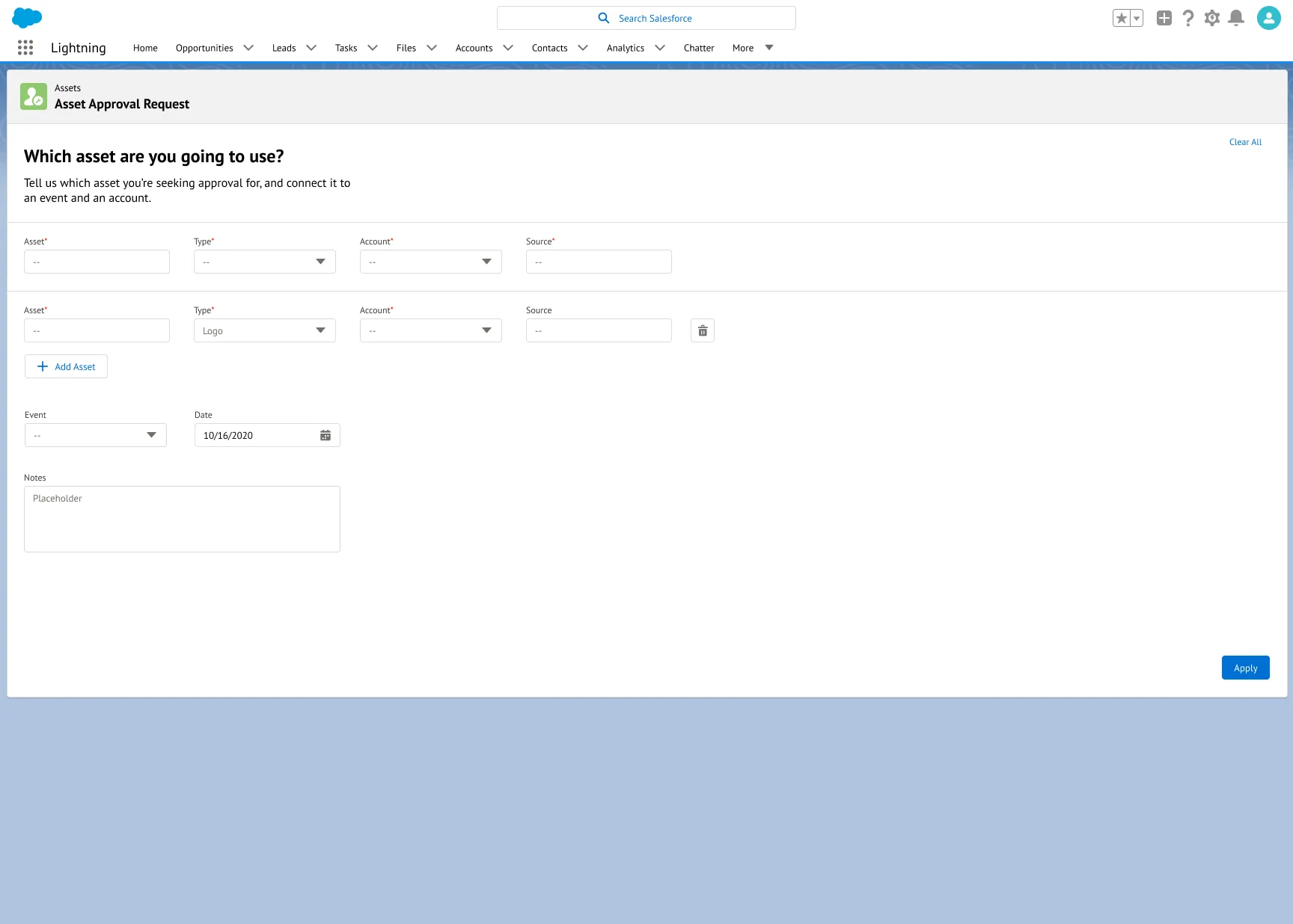 The asset approval request flow with assets linked to events and accounts