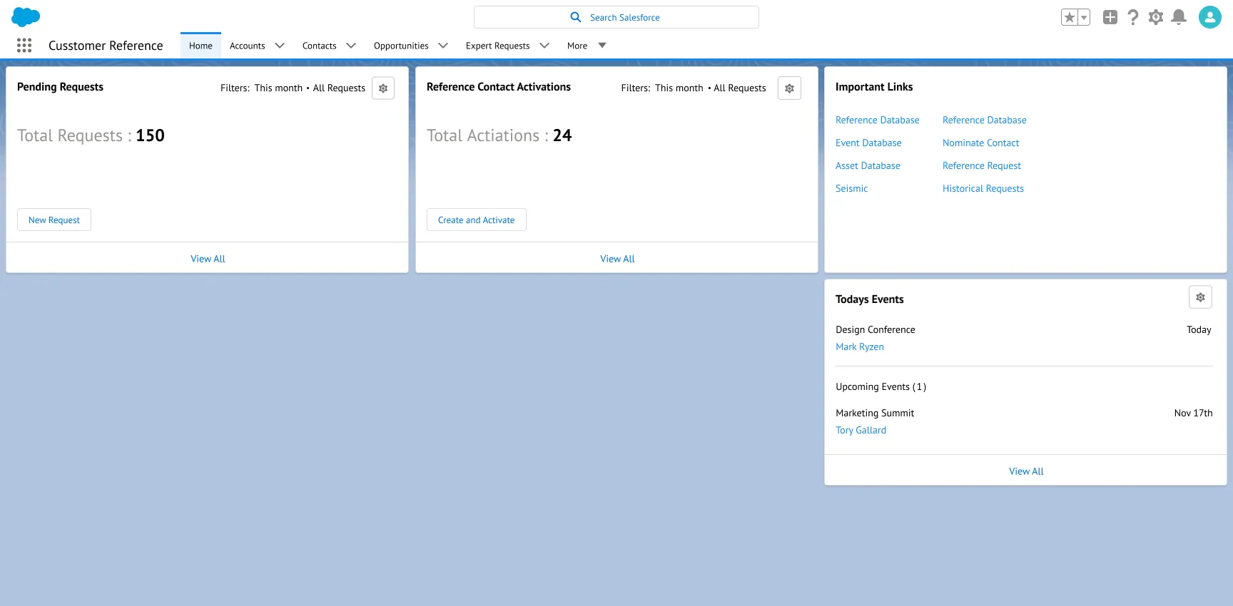 The Customer Reference dashboard showing requests, activations, links, and events
